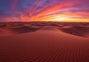 Crimson desert dunes under fiery sunset sky sand