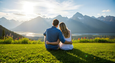 A couple sitting on a grassy hill, enjoying the scenic mountain view and the tranquility of nature on a sunny day