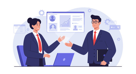 Fototapeta premium Two business colleagues in formal suits discussing a project, analyzing data charts and graphs on a screen.