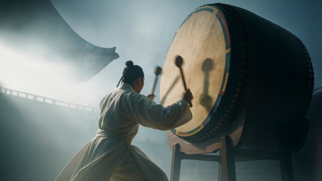 In a misty palace courtyard, a performer in hanbok strikes a grand drum with power, silhouetted against backlighting.
- Powered by Adobe