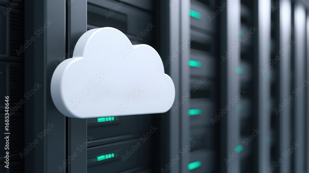 Poster cloud technology concept with servers in a data center, showcasing digital storage solutions.