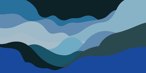 Abstract, modern landscape pattern featuring layered, flowing shapes like rolling mountains or waves. A serene and calming design in a cool color palette of blues and grays.
