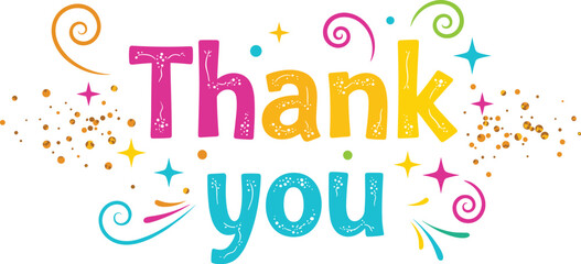 Colorful “Thank You” graphic sparkles with festive elements. Appreciation, gratitude, celebration, greeting, message, typography, bright, fun, cheerful, positive