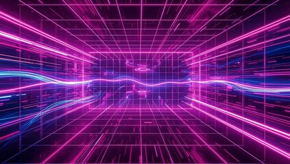Obraz premium Neon grid tunnel with flowing wave line, retro synthwave cyber background