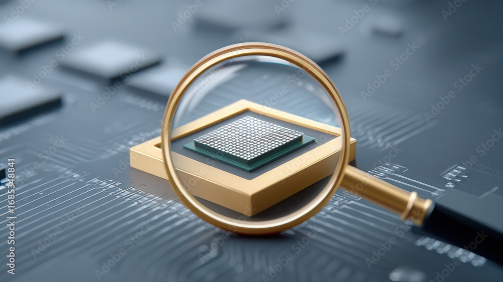 Poster close-up of a microchip under a magnifying glass, showcasing intricate details of technology.