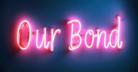 Bright pink neon sign displays words Our Bond against textured blue wall. Simple, modern aesthetic. Positive message.