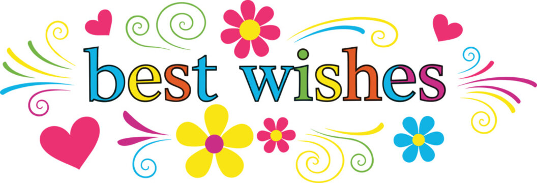 Colorful 'Best Wishes' text design surrounded by hearts and flowers. Cheerful greeting card art, celebration, happiness, congratulations, floral design
