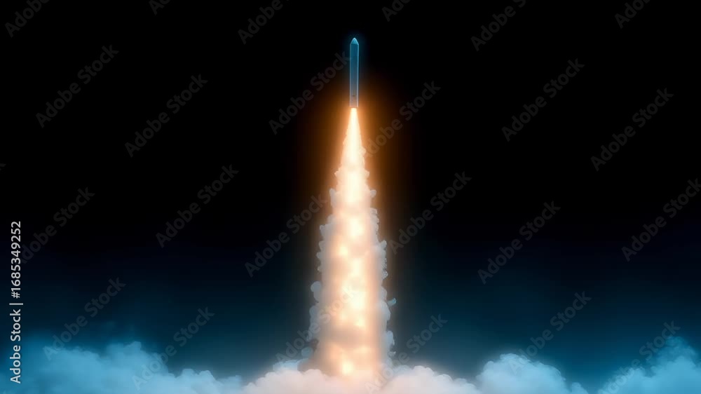 Poster powerful spacecraft breaking through dense cloud layer with bright engine flame against dark backgro