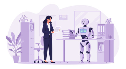 Obraz premium Businesswoman and robot assistant interacting at an office desk.