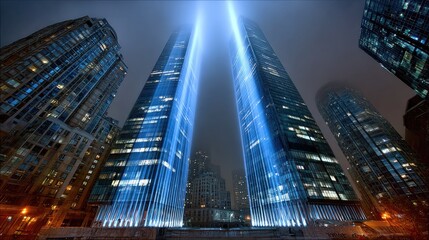 Stunning Night View of Twin Towers with Illuminating Tribute Beams in Urban Cityscape