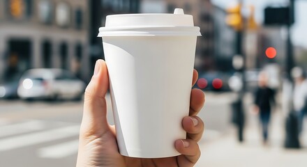 Hand holding a white paper coffee cup on a city street with blurred pedestrians and traffic in the background, representing a quick caffeine fix on the go.