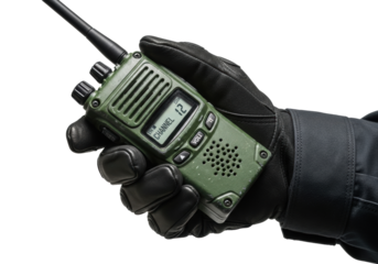 Masculine hand in dark tactical glove gripping rugged olive green military walkie-talkie with 'CH 07' on screen, isolated on white studio background with copy space, concept of resilient field