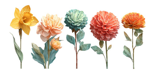Vibrant Isolated Floral Illustrations with Varied Colors and Shapes on Transparent Background