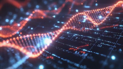 Glowing orange dna helix rotating over futuristic background with data and equations - Powered by Adobe
