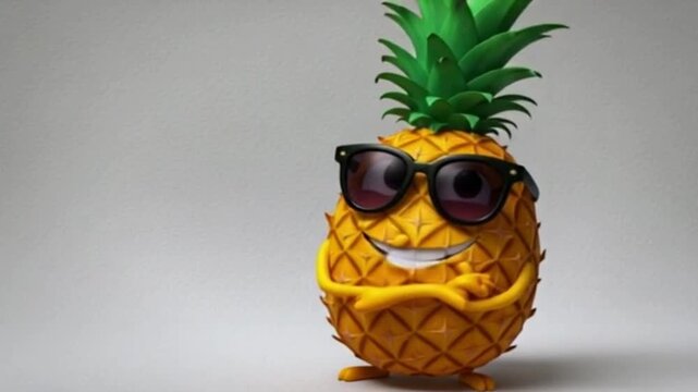 Eine Ananas mit breitem Grinsen, Comic-Gesicht, Sonnenbrille und Armen, die cool verschr&auml;nkt sind &ndash; dargestellt auf wei&szlig;em Hintergrund.