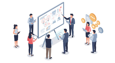 A diverse group of professionals actively engaged in a collaborative business meeting, analyzing data on a large interactive display.