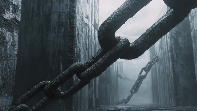 Huge chains hanging between concrete walls in a gloomy and desolate urban setting