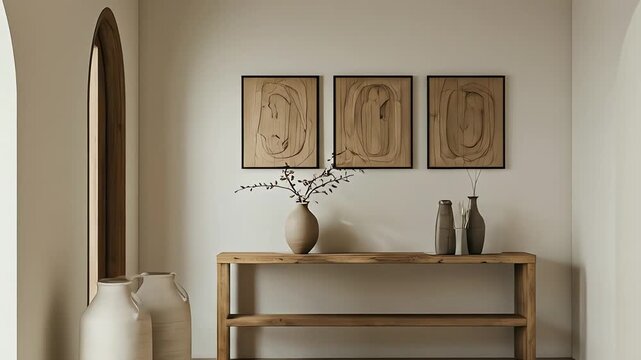 High-angle, flat lay shot of an Interior Wabisabi styled console table displaying minimalist wooden artwork, ceramic vases, and dried branches; conveying a calm, neutral