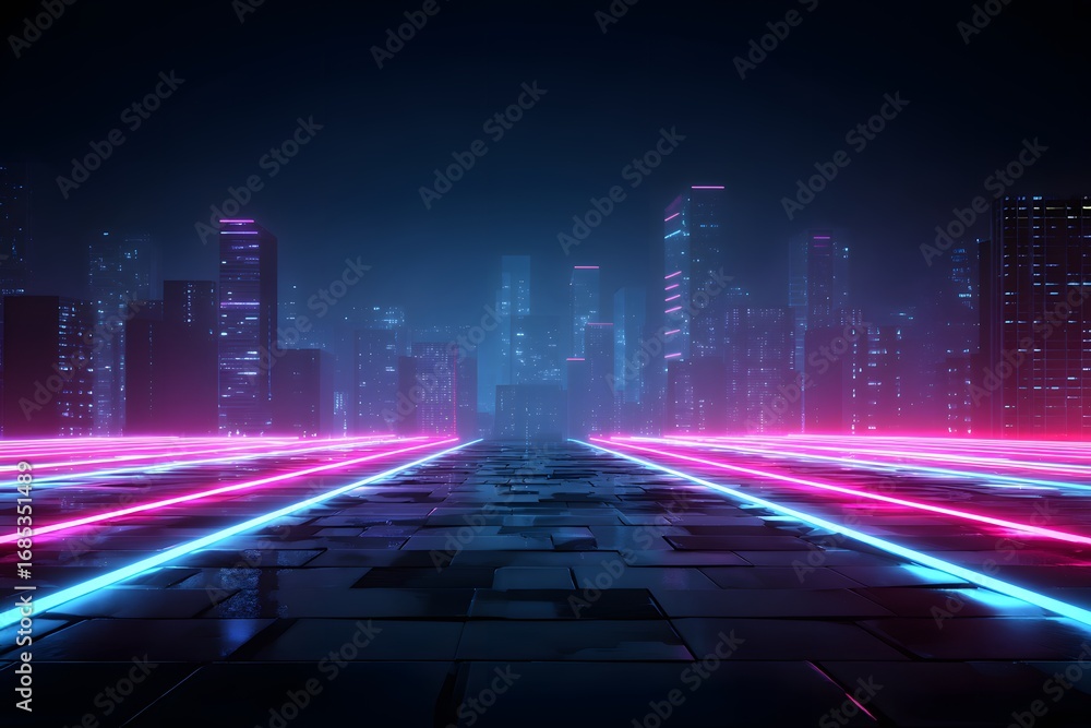 Poster digital background featuring neon lines on a dark city street, creating an immersive and futuristic 
