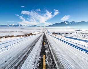 Empty Road Leading Through Snowy Mountains