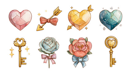Colorful Watercolor Illustrations of Key Symbols, Hearts, and Flowers for Design Use