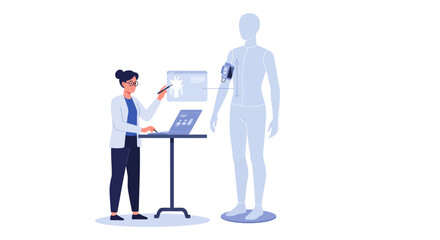 A woman in a lab coat analyzes a holographic image of a patient's body using a laptop and pointing at the projection.