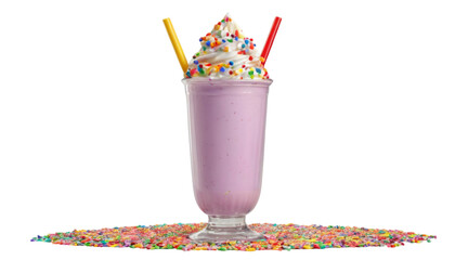 Sweet Treat: A vibrant, photorealistic milkshake crowned with whipped cream and sprinkles, garnished with colorful straws, representing delightful treats.