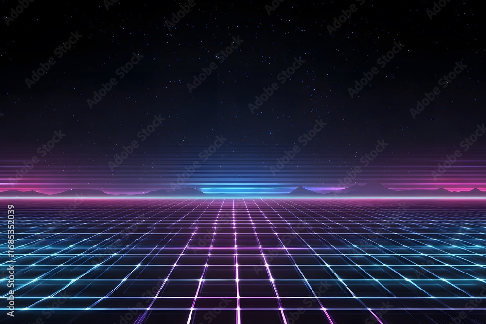 Poster digital grid background with neon blue and pink lights, glowing lines in space for a retro video gam