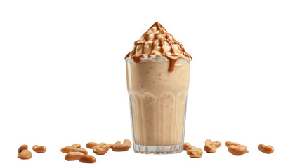 Sweet Caramel Smoothie: A mouthwatering caramel smoothie, garnished with peanuts and a swirl of caramel, sits gracefully in a clear glass.