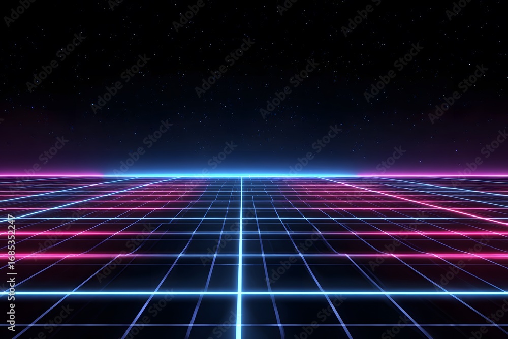 Poster digital grid background with neon blue and pink lights, glowing lines in space for a retro video gam