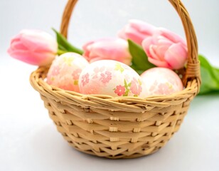 Pink Easter eggs in a wicker basket with tulips (1)