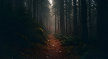 Fototapeta premium Dimly lit forest path with tall, dark trees and a winding trail covered in fallen leaves, evoking a sense of mystery and solitude