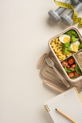 Stylish vertical lunchbox featuring healthy ingredients paired with gym equipment symbolizing active lifestyle