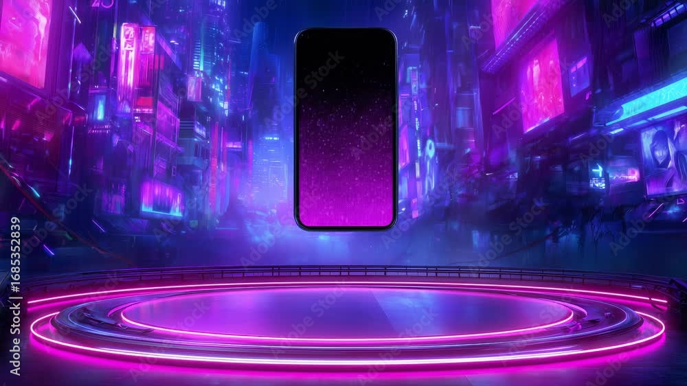 Aufkleber mobile phone with empty white display placed on illuminated circular stage. dystopian cityscape back