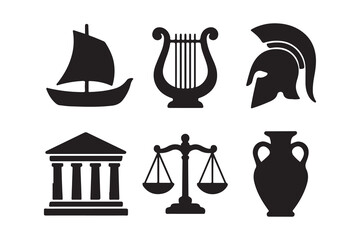 Ancient greek mythology symbols collection featuring zeus's lightning bolt pegasus and greek temple on white background    