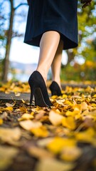 Woman walking through autumn leaves