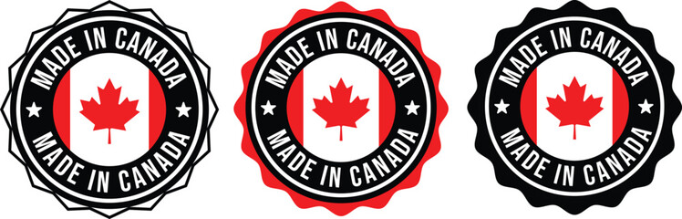 Made in Canada Vector Badge Icon with Maple Leaf Symbol in Circle Label Design