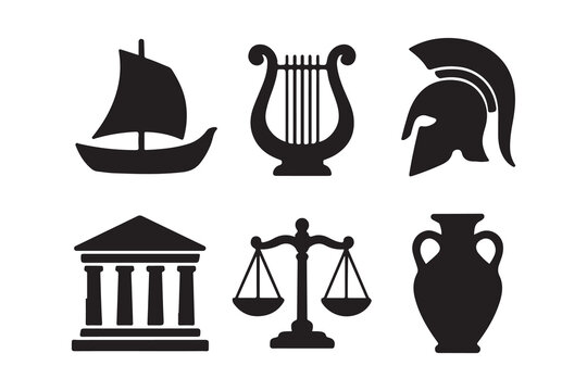 Ancient greek mythology symbols collection featuring zeus's lightning bolt pegasus and greek temple on white background    