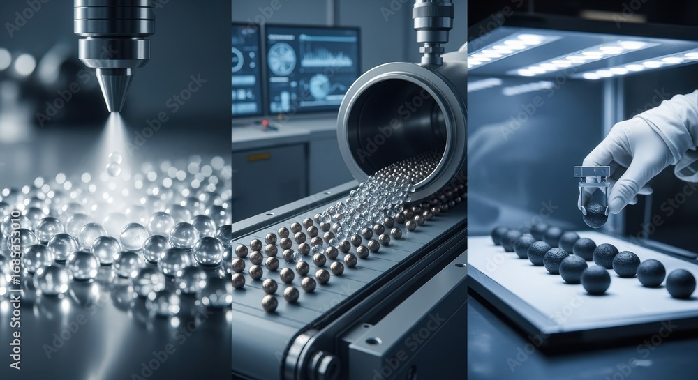Aufkleber workflow showing sequential pellet fabrication steps from microsphere formation to coating illustrat