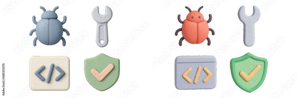 Aufkleber software bug fixing and security protection icons with code symbols and wrench. modern 3d icon set