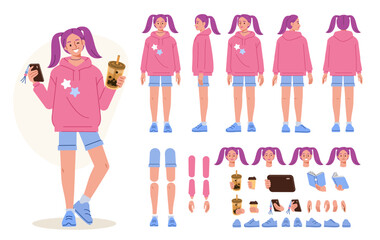 Teenage girl, blogger wearing korean hoodie and drinking bubble tea. Character constructor for animation. Front, side and back view set. Body parts, postures, poses collection. Vector illustration.