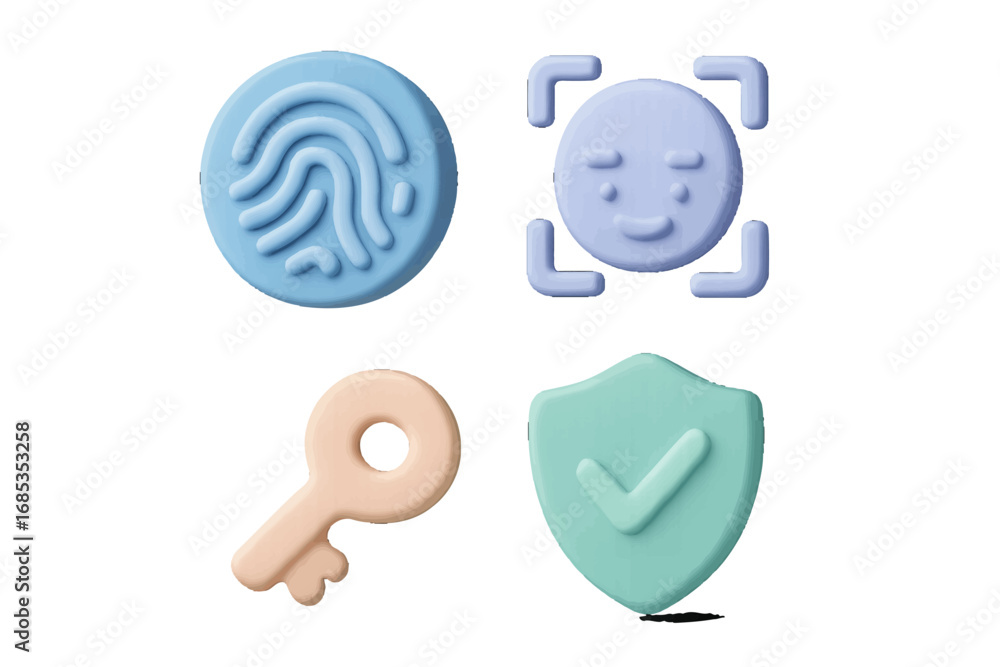 Aufkleber biometric security icons fingerprint face scan key shield authentication. modern 3d icon set