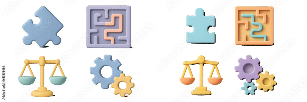 Poster puzzle maze scales gears symbolizing problem solving strategy teamwork. modern 3d icon set