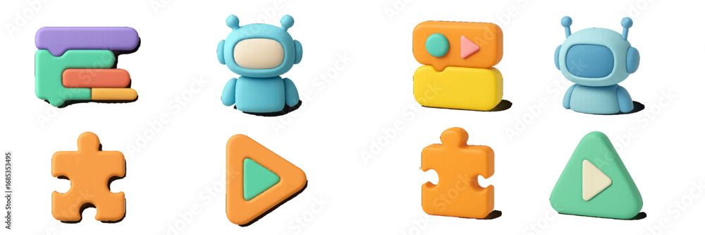 Poster playful robots and puzzle pieces with buttons and chat bubbles. modern 3d icon set
