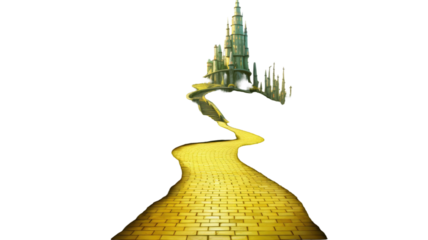 Enchanted yellow brick road leading to magical fantasy landscape fairytale illustration on white background
