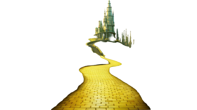 Enchanted yellow brick road leading to magical fantasy landscape fairytale illustration on white background
