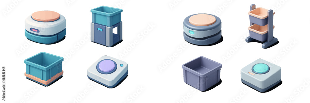 Aufkleber isometric robotic devices and containers for automation and logistics. modern 3d icon set