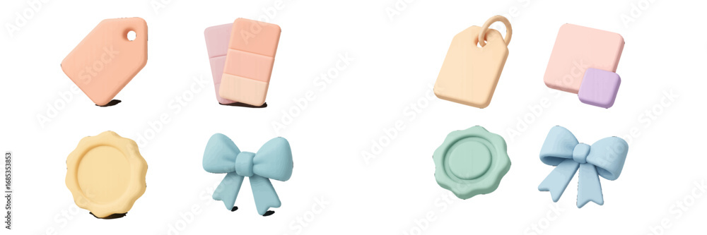 Poster pastel tags, bows, and seals with rounded edges and soft shadows. modern 3d icon set