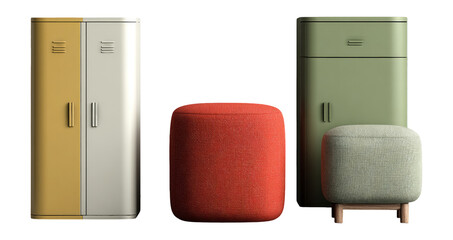 Contemporary Furniture Design with Colorful Fridge and Cushioned Stools in Isolated View