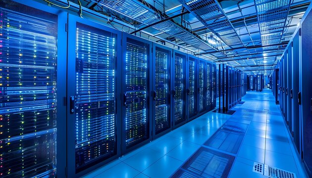 A long, modern data center hallway, filled with server racks, bathed in blue light.